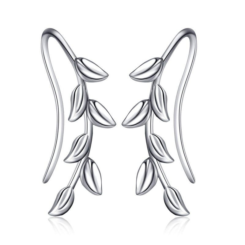 POPLYKE Ear Climber Crawler Cuff Sterling Silver Leaf Earrings for Women,Wrap Earrings Hypoallergenic (leaf earrings) - Image 1